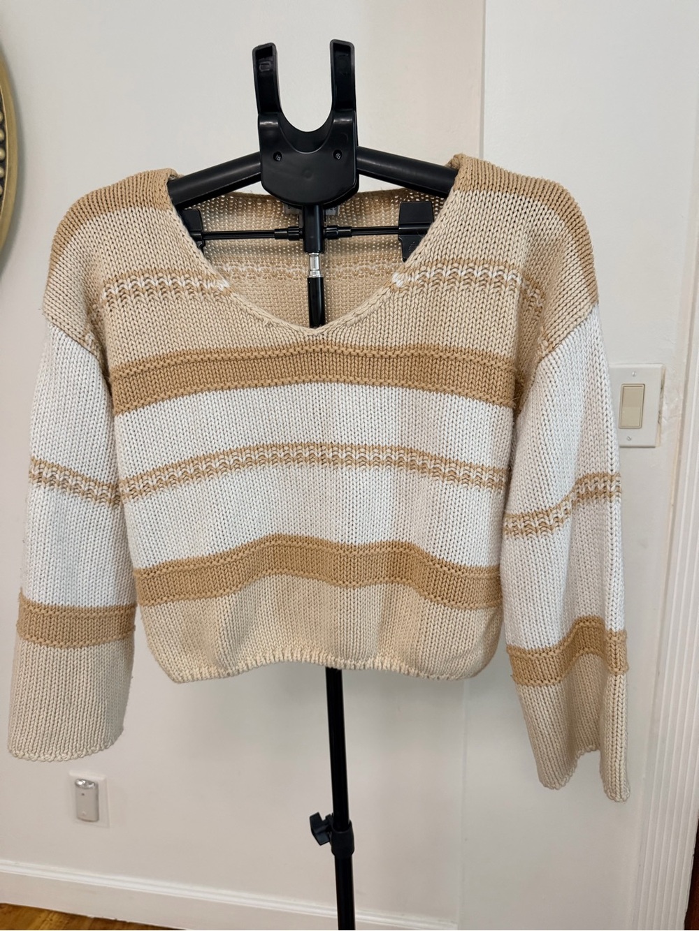 Striped V-Neck Knit Sweater in Beige and White